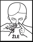 A black-and-white figure holding a small bottle close to the nose, pointing at the nose with the word 'WRONG' written below