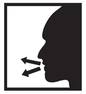 A black silhouette of a human face in profile, with two arrows pointing to the left, symbolizing air being exhaled through the mouth and nose
