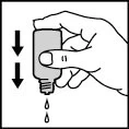 Right hand holding vertically a bottle of medication from which two drops of liquid are flowing; next to the bottle there are two black arrows pointing downward