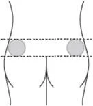 Dibujo esquemático del tronco con dos círculos grises marcados en las caderas y líneas discontinuas que indican su ubicación y altura