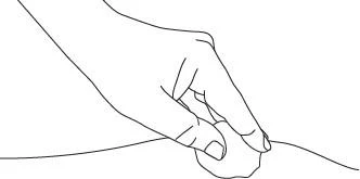Disegno lineare che mostra una mano che impugna un piccolo oggetto e lo applica sulla superficie della pelle per la somministrazione del farmaco