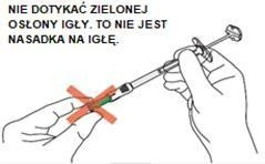 Изображение рук, держащих шприц с зелёным колпачком иглы, с красным крестом и надписью, запрещающей прикасаться к игле