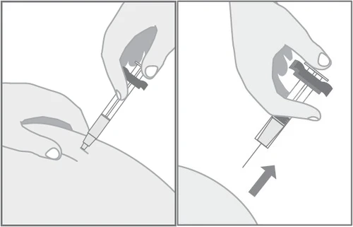Due illustrazioni che mostrano una mano che impugna un iniettore mentre avvicina l'ago alla pelle e una mano che impugna l'iniettore dopo l'esecuzione dell'iniezione