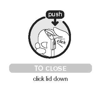 Hand pressing the top part of the auto-injector device, causing a click and closing the cover according to the push and click lid down instruction