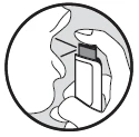 A profile view of a person holding a white inhaler at the nose, with a visible stream of medication being released directly into the nostril