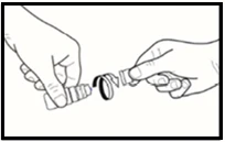 Two hands holding and unscrewing two plastic components apart to open a package or cap