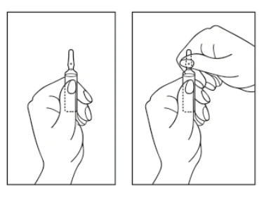 Dos dibujos en blanco y negro que representan manos sosteniendo un frasco de medicamento; en el segundo dibujo, una segunda mano desenrosca o abre la parte superior del frasco