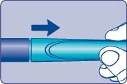 Mano che impugna un farmaco blu sotto forma di applicatore lungo, spostandolo verso destra nel senso indicato dalla freccia scura