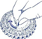 Hands turning a cap counterclockwise, indicating the process of opening the packaging