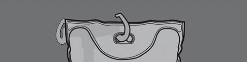 Gráfico en blanco y negro que representa una bolsa médica con tubo y válvula colocada sobre fondo gris