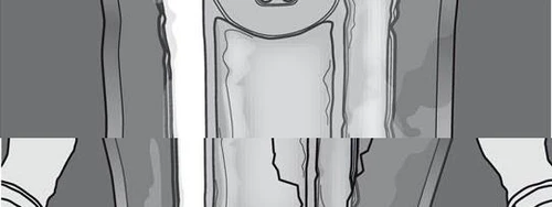 Gráfico esquemático en blanco y negro que representa un objeto vertical y alargado con superficie lisa y bordes definidos en tonos de gris