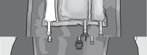 Ilustración esquemática que muestra tres viales de medicamento colocados en un soporte especial sobre un fondo médico en tonos de gris