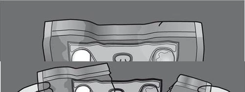 Schematic representation of a blister pack with visible tablets and an opened outer package in shades of gray