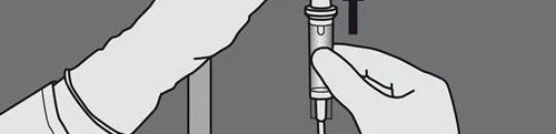 Hand holding a medical auto-injector vertically, preparing to administer medication into the forearm of another person as shown in a schematic