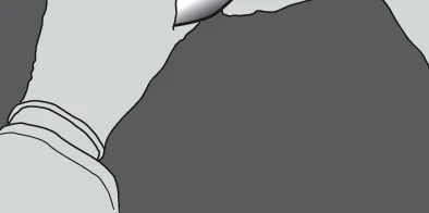Close-up of a hand holding a syringe with a needle pointing toward a dark background, depicted as a simplified schematic drawing