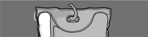 Schematic graphic showing a medical bag with a tube and valve on a gray background, depicted as a simplified line drawing