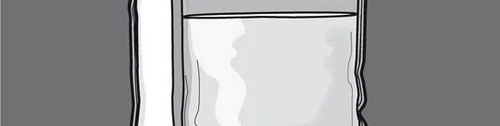 Rectangular transparent medical bag filled with light-gray fluid, with visible material folds along the edges