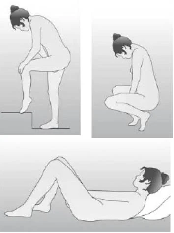 Tre disegni che raffigurano una donna in tre posizioni: mentre scende le scale, accovacciata e distesa supina con le gambe flesse alle ginocchia