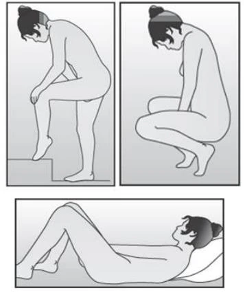 Three black-and-white drawings depicting a woman in three positions: walking up stairs, squatting, and lying on her side with bent legs
