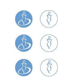 Six circular icons depicting a white female figure silhouette, arranged in two columns: three blue icons with a white arc and three white icons with a blue outline