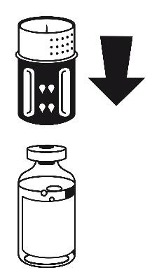 Instrucción esquemática que muestra una jeringa con aguja dirigida por una flecha negra hacia abajo sobre un frasco de vidrio lleno de líquido medicinal