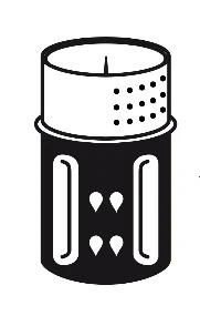 Icono en blanco y negro de un envase cilíndrico con tapa perforada y cuatro gotas de líquido colocadas en la parte central del cuerpo