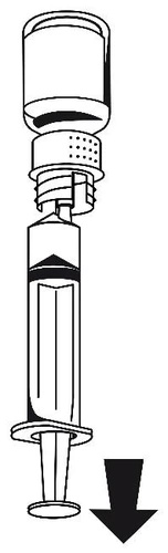 Ilustración esquemática en blanco y negro de una jeringa con una ampolla colocada sobre ella y una flecha negra dirigida hacia abajo que indica la dirección del movimiento