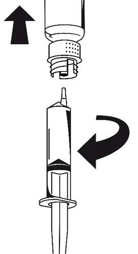Black upward-pointing arrow at the upper part of the device and a curved arrow indicating rotational movement at the lower part of the syringe