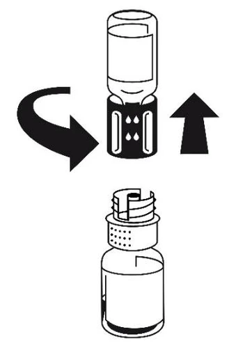 Schema che mostra la rimozione del tappo dalla fiala del farmaco mediante frecce che indicano il movimento rotatorio e il senso di rimozione del dispositivo di sicurezza
