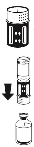 Diagram illustrating the process of connecting the upper part to the lower part of the device and introducing fluid into the glass vial, indicated by a downward arrow
