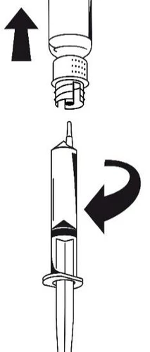 Schematic instruction showing the removal of the cap from the top part of the syringe and rotating the lower part of the device in the direction of the arrows