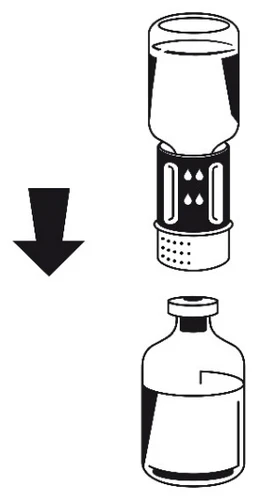 Instrucción esquemática que muestra el cartucho del lápiz con líquido, que al presionarlo o deslizarlo se introduce en el frasco de vidrio con el medicamento