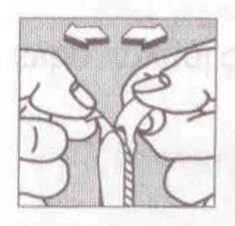 Two hands separating two parts of the packaging, indicated by arrows pointing outward, to open the product