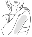 Linear drawing of a woman with her arm raised to shoulder level and a gray, elongated area on the upper arm and side of the torso