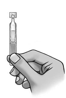 Mano sosteniendo verticalmente un ampolla de vidrio llena de líquido sobre fondo blanco, en estilo dibujo en blanco y negro