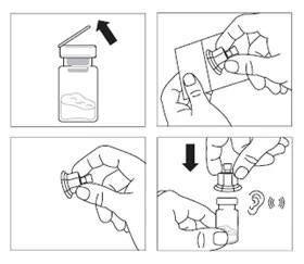 Cuatro diagramas que muestran la retirada de la tapa del vial, la extracción del tapón del envase, cómo sujetar el tapón y presionarlo sobre el vial hasta escuchar un clic