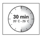 Quadrante nero dell'orologio con indicazione '30 min' e intervallo di temperatura 20°C - 25°C su sfondo bianco in una cornice quadrata