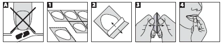 Series of instructional diagrams: do not touch the tablet with fingers, separating tablets from a blister pack, breaking a tablet in half, and taking it orally