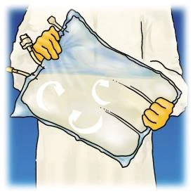 A person in a white coat holding a medical fluid bag horizontally, performing rotational movements indicated by two white arrows