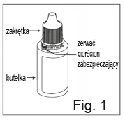 Schematic bottle with cap and label indicating the need to break the tamper-evident ring and showing the bottle's location, labeled Fig. 1