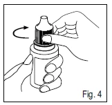 Two hands holding a bottle, one hand unscrewing the cap in the direction indicated by a curved arrow next to the container
