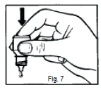 Hand holding a small dispenser package from which a drop of liquid is emerging, with a black downward-pointing arrow above indicating the downward motion