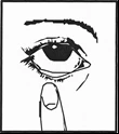 Ilustración negra tipo dibujo animado del ojo humano con pestañas y ceja visibles, debajo de la cual se encuentra un dedo índice apuntando hacia arriba