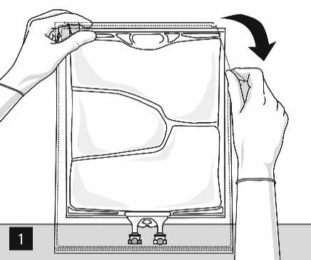 Two hands wearing gloves are holding and peeling back the side flap of a transparent medication package, revealing its contents