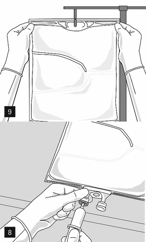 Gloved hands holding a fluid bag suspended on an IV pole, and a gloved hand connecting a syringe to the port at the bottom of the bag