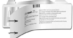 Primo piano sulla confezione del farmaco Ophtesic 20 mg con codice a barre nero e due frecce nere che indicano i lati della blistera
