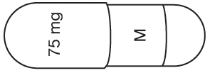 Cápsula blanca esquemática con la inscripción 75 mg en la parte izquierda y la letra M en la parte derecha, mostrada en vista horizontal
