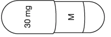 A white capsule with a black outline, with the text '30 mg' on the left side and a single letter M on the right