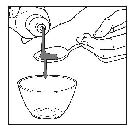 Hand holding a bottle pouring liquid from the dispenser directly into a teaspoon, then into a glass container placed below