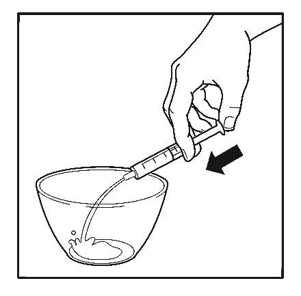 Hand holding a syringe dispensing liquid into a glass container, a black arrow indicating the downward movement of the syringe